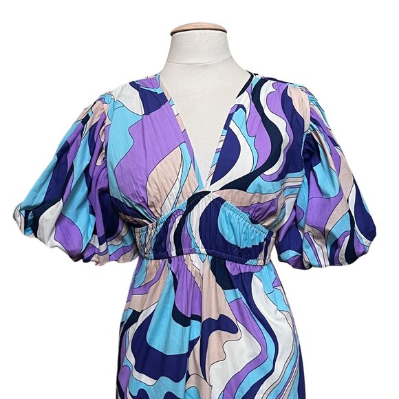 Jessica Simpson Abstract 60s‎ Purple Puff Sleeve Maxi Dress Empire Babydoll - Sm - Picture 3 of 9